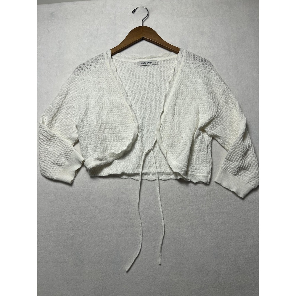 Grace Karin M Cardigan Shrug Coquette Cottagecore White Tie Front Open Knit Crop